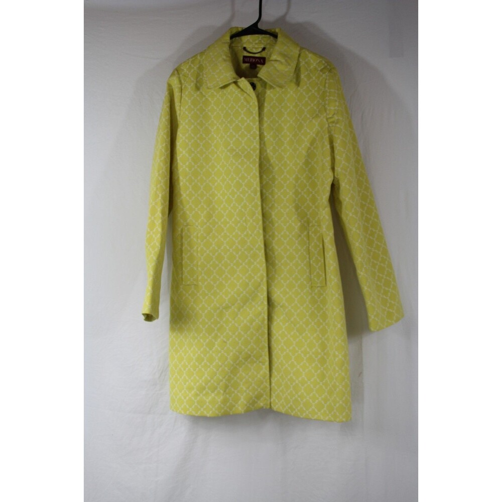 Merona Women's L Yellow White Geometric Textured Trench Coat Jacket Long Sleeve
